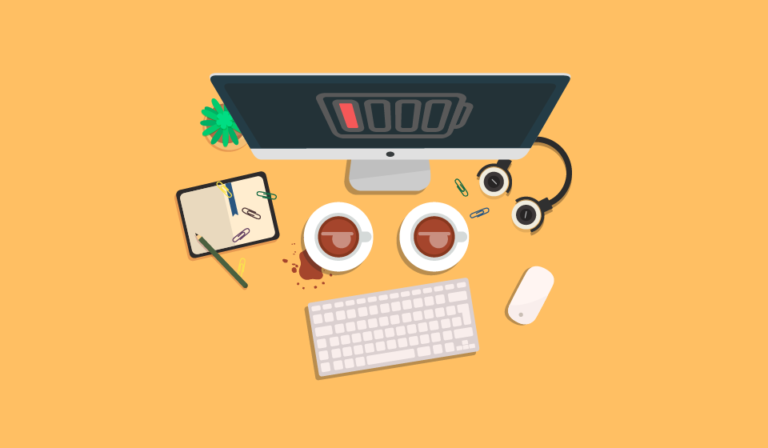 Ilustração de computador, com fone de ouvido ao lado, indicando um posto de trabalho vazio