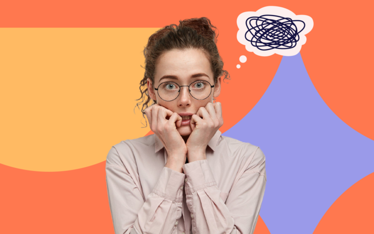 Mulher com ilustração de balão simbolizando ansiedade