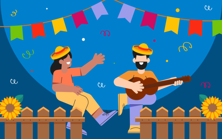 Dois colaboradores celebram uma festa junina na empresa