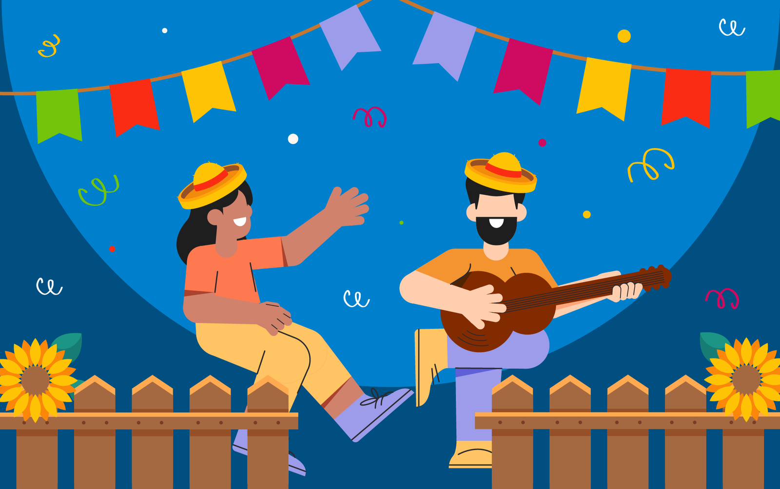 Dois colaboradores celebram uma festa junina na empresa