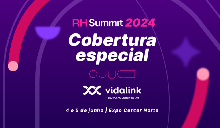 Ilustração contendo elementos coloridos com logo da Vidalink e RH Summit 2024