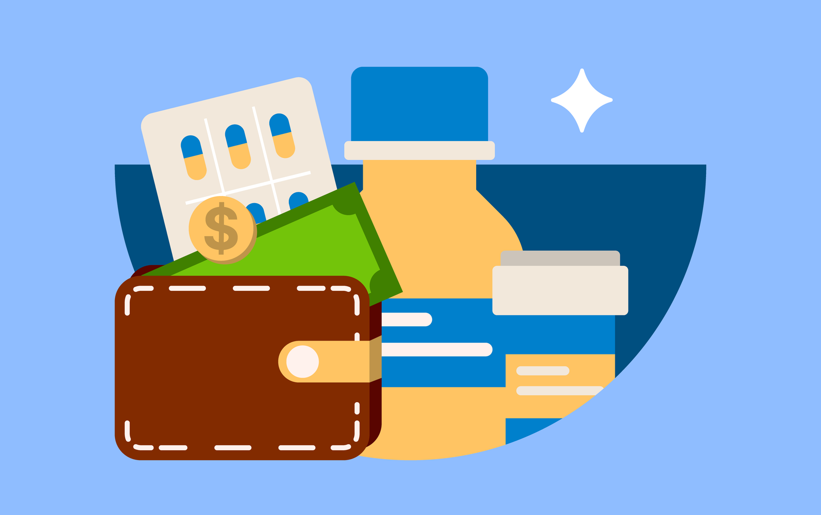 Ilustração que mostra medicamentos e elementos farmacêuticos