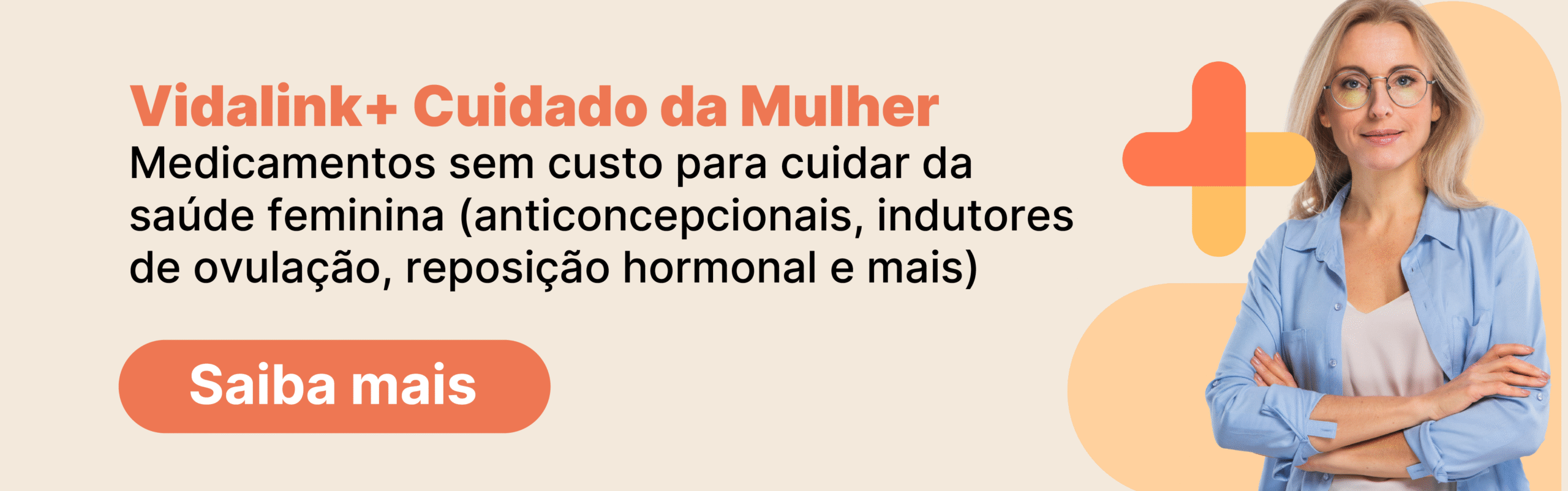 Mulher de meia idade, de braços cruzados, ao lado de frase sobre saúde da mulher no trabalho