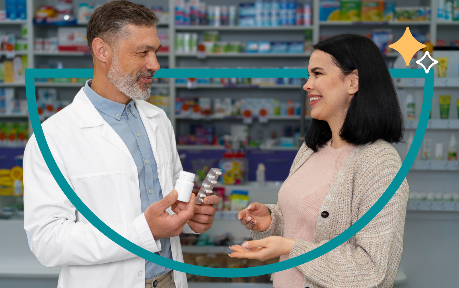 Profissional de saúde conversa com cliente representando o benefício farmácia