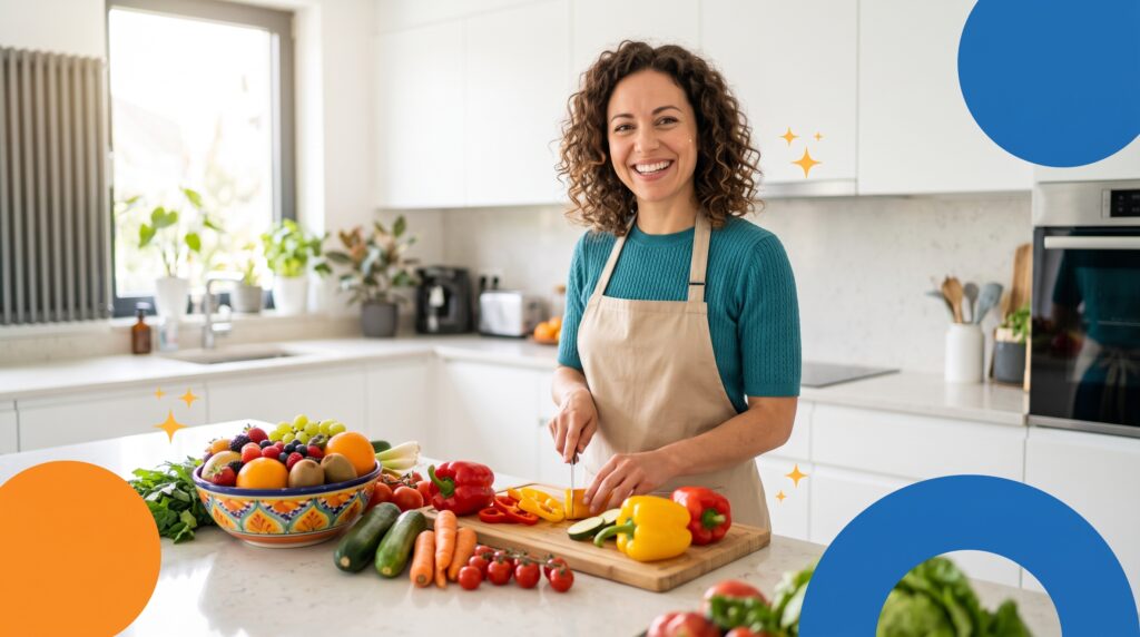 Prato saudável com vegetais, peixe e nozes destacando alimentos que ajudam na saúde mental.