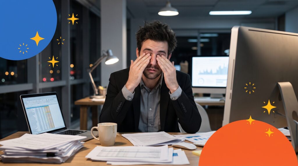 Profissional em ambiente de trabalho buscando informações sobre o burnout e sintomas de exaustão profissional.