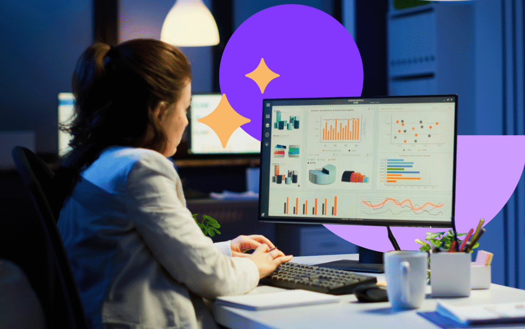 Profissional de RH analisando dashboards preditivos de People Analytics e métricas de turnover no computador.